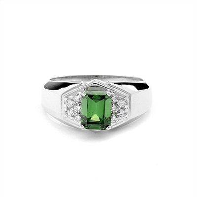 Man's ring with a 1.5 cts. Emerald Essence Stone center and Brilliant Melee