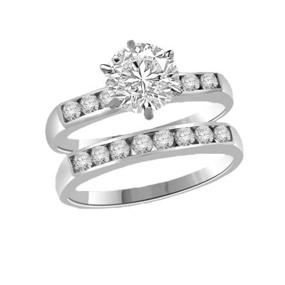 Beautiful wedding set. 1.0 carat Diamond Essence set in six prongs setting, and small round brilliant melee set in channel setting, on both the bands.2.25 cts.t.w. in Platinum Plated Sterling Silver.