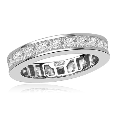 Timeless Eternity Band with Channel set Princess Cut Diamond Essence stones, 3.70 Cts.T.W. set in Platinum Plated Sterling Silver.