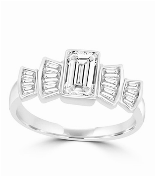 Helene - Beautiful Ring with 1.0 Ct. Emerald Cut Center accentuated with Baguette Masterpieces, 2.75 Cts. T.W, in Platinum Plated Sterling Silver.