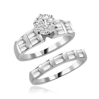 Aeneas and Dido - Brilliant Wedding Set, 2.8 Cts. T.W, 1.0 Ct. Solitaire and Sqaure Baguettes in Bar Setting, in Platinum Plated Sterling Silver.