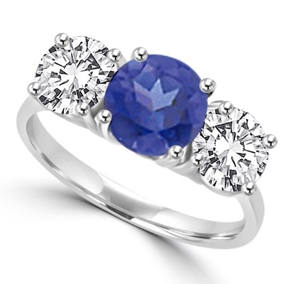 sapphire three stone platinum plated sterling silver ring