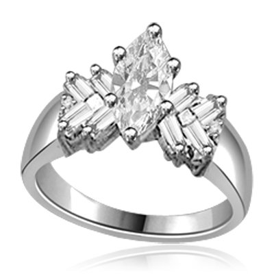 Glowing Ring with 1 Ct. Marquise Center and Baguette accents, 2 Cts. T.W, in Platinum Plated Sterling Silver.