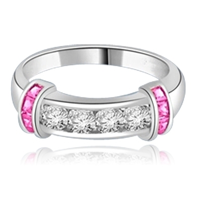 Brilliant channel-set Diamond Essence diamonds with a bar of Ruby Essence on either side. 1.35 cts. T.W.  set in Platinum Plated Sterling Silver.