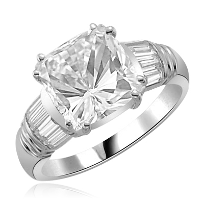Ring – cushion cut stone with baguettes in silver