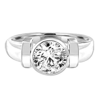 Solitaire Ring with 2ct. Round Brilliant  Diamond Essence, bezel set in Platinum Plated Sterling Silver.