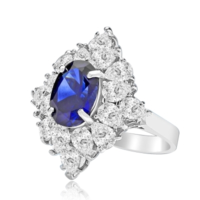 Prong Set Designer Ring with Artificial Oval Cut Sapphire Essence and Brilliant Diamonds by Diamond Essence set in Sterling Silver