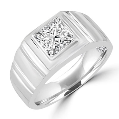 Platinum Plated Sterling Silver man's ring with 1.5 cts. t.w. radiant square center stone with florentine finish on band.
