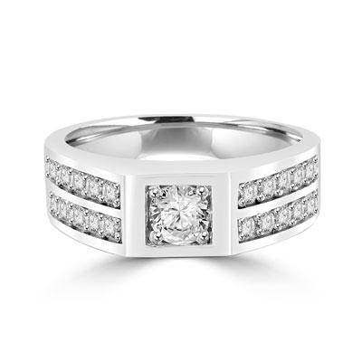 Platinum Plated Sterling Silver man's ring with .75 ct round Diamond Essence center stone with four rows of channel set round Diamond Essence accents, 2.0 cts.t.w.