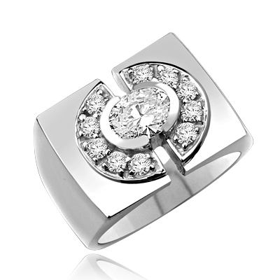 Man's ring, with 1.25 ct oval cut center stone, surrounded by melee stones encrusted horse shoes on side, 1.75 cts T.W. set in Platinum Plated Sterling Silver.