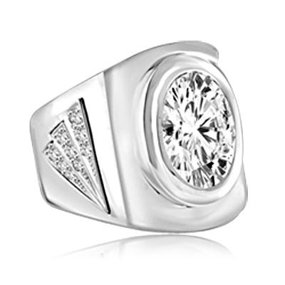 Man's classy wide bodied ring, two-tone with Oval cut center stone set in Platinum Plated Sterling Silver, 6.15 cts.t.w.