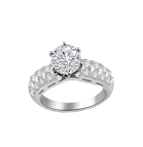 Our Destiny is a Classic Ring with a 2 Ct. Round Brilliant Diamond Essence Center stone and a melee of Channel Set Mini Essences frolicking down the band. 3 Cts. T.W, in Platinum Plated Sterling Silver.