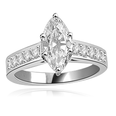 Classic Ring with a 1 Ct. Marquise Cut Diamond Essence Masterpiece in the center and an inriguing Melee of Channel Set Masterpieces down the band. 1.3 Cts. T.W, in Platinum Plated Sterling Silver.