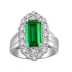 Emerald City Ring with a 3 Ct Emerald Cut Emerald Essence center surrounded by fiery Round Cut Diamond Essence Stones, 3.3 Cts. t.w. in Platinum Plated Sterling Silver.