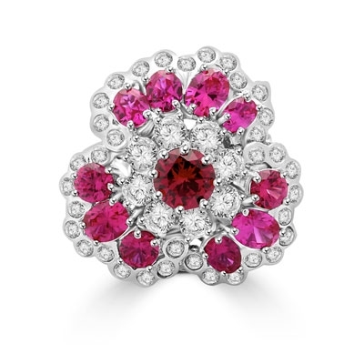 A beautiful ring in floral design. Diamond Essence ruby and round brilliant masterpieces.5.0 cts. T.W. set in Platinum Plated Sterling Silver. A perfect party wear to get compliments.