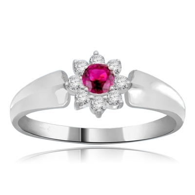 Little Ruby Flower Ring in Platinum Plated Sterling Silver