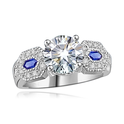 Diamond-&-Sapphire Ring in Platinum Plated Silver