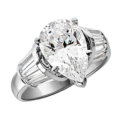 Majestic Pear cut Diamond Essence ring. 3 carat Pear center encircled by baguettes accents on either side. 5.0 cts.t.w. in Platinum Plated Sterling Silver.