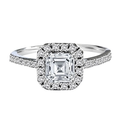 Diamond Essence Designer Ring with 1.25 ct. Asscher cut center stone surrounded by round stones. 1.75 ct.T.W. set in Platinum Plated Sterling Silver.