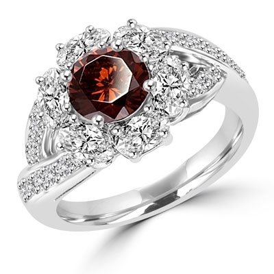 Diamond Essence Designer Ring with 1.0 ct. round Chocolate stone in center, surrounded by Oval stone and small round stones on each side of band. 3 cts. tw. set in Platinum Plated Sterling Silver.