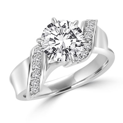 Intertwined Love! Brilliant 2 Ct Center in perfect harmony with twirling band of Round Stones. 2. 5 Cts. T.w. In Platinum Plated Sterling Silver.