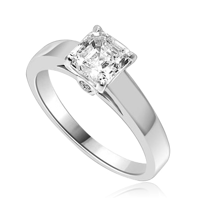 Diamond Essence Asscher cut Solitaire Ring artistically set in a wide band with a beautiful accent on both sides to enhance the looks. 1 ct.t.w. in Platinum Plated Sterling Silver.