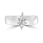 Wide Band Solitaire Ring with 0.75 ct.t.w. of Diamond Essence Marquise cut stone, set in six prongs setting, Platinum Plated Sterling Silver.