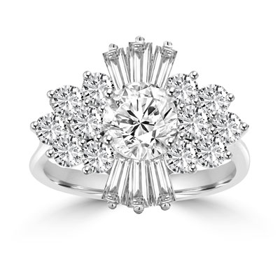 Prong Set Designer Ring with Simulated Round Diamond, Baguettes and Melee by Diamond Essence set in Sterling Silver