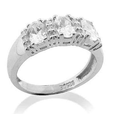Diamond Essence Ring With Three Oval Stone Seperared By Round Brilliant Melee in platinum Plated Sterling SiIver.