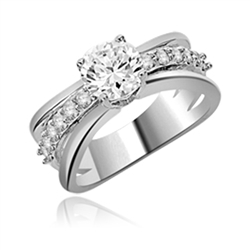 Diamond Essence Designer Trail Blazing Trend Setter Ring With 1.25 Cts. Round Brilliant sets atop on a Band with Round Melee , 1.75 Cts.T.W in Platinum Plated Sterling Silver.