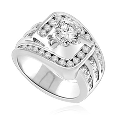 Diamond Essence Designer Ring with 1 Ct. Round Diamond Essence in Center, surrounded by Round and Princess Melee on band, 2.50 Cts.T.W. set in Platinum Plated Sterling Silver.