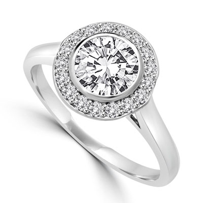 Diamond Essence Ring with 1 Ct. Round Brilliant Stone And Melee Set In Platinum Plated Sterling Silver Bezel Setting, 1.15 Cts.T.W.