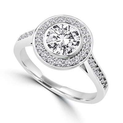 Diamond Essence Bezel set Ring with 1 Ct. Round Brilliant And Surrounding Melee, 1.25 Cts. T.W. In Platinum Plated Sterling Silver.