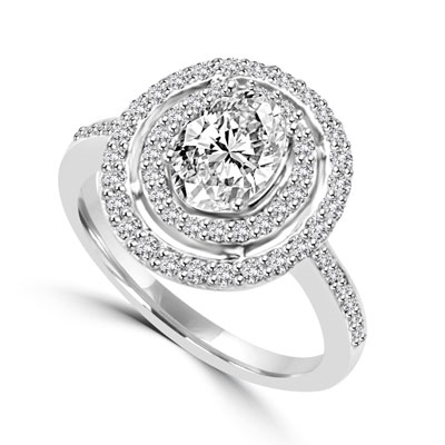 Diamond Essence Designer Ring With 1 Ct. Oval Center in Four Prongs, Surrounded By Two Rows Of Melee, 1.50 Cts. T.w. In Platinum Plated Sterling Silver.