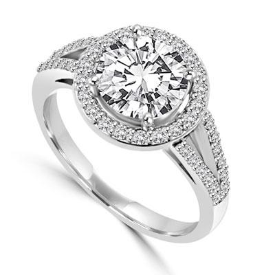 Diamond Essence Halo Setting Designer Ring with 2 Cts. Round Brilliant Center and Melee Around It and On The Band, 2.50 Cts.T.W. In Platinum Plated Sterling Silver.