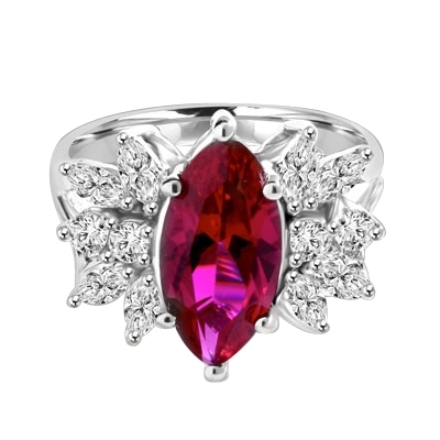 Designer Ring with 2.0 Cts. Marquise cut Ruby Essence in center accompanied by delicately set Marquise and Melee on each side. 3.0 Cts. T. W. set in Platinum Plated Sterling Silver.