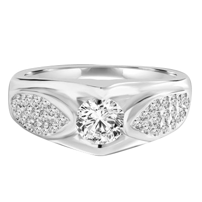 Designer Ring with 0.50 Ct. Round Brilliant Diamond Essence in center with cluster of Melee set in Leaf design. 1.35 Cts. T.W. set in Platinum Plated Sterling Silver