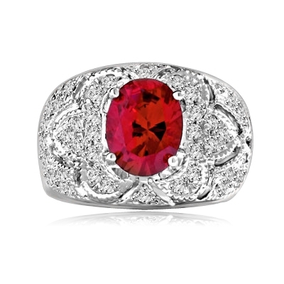 Designer Ring with 2.0 Cts. Oval cut Ruby Essence in center with Melee set floral design on the band. 2.5 Cts. T.W. set in Platinum Plated Sterling Silver.