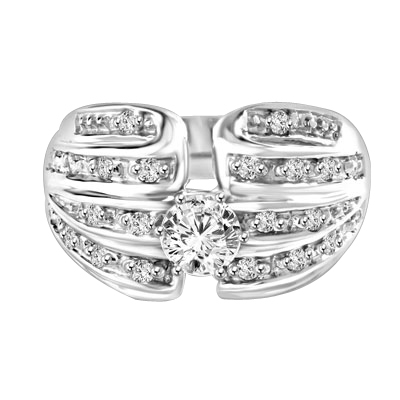 Designer Ring with 0.50 Ct. Round Brilliant Diamond Essence in center with five rows of sparkling Melee on both side. 0.85 Cts. T.W. set in Platinum Plated Sterling Silver.