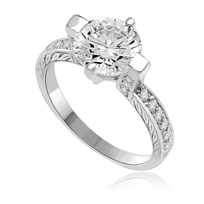Two Carat Solitaire Ring in Horizontal Wide Prong and melee on the band. 2.5 Cts. T.W. Platinum Plated Sterling silver.
