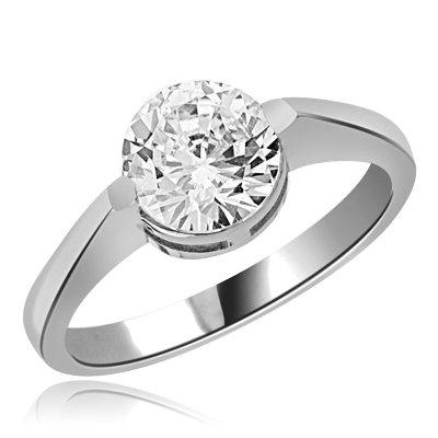 Solitaire Ring with 2.0 Cts. Round Diamond Essence in center, in Platinum Plated Sterling Silver.  Available in select Ring sizes.