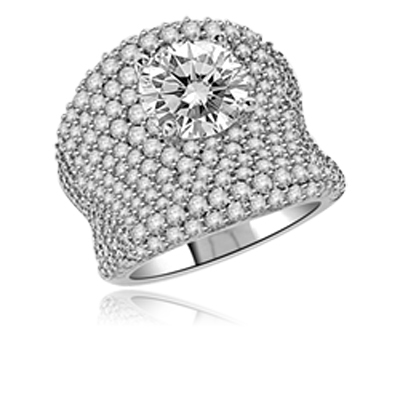 Designer Ring - 3.0 Cts. round Diamond Essence surrounded by melee. In Platinum Plated Sterling Silver. Available in Select Ring sizes.
