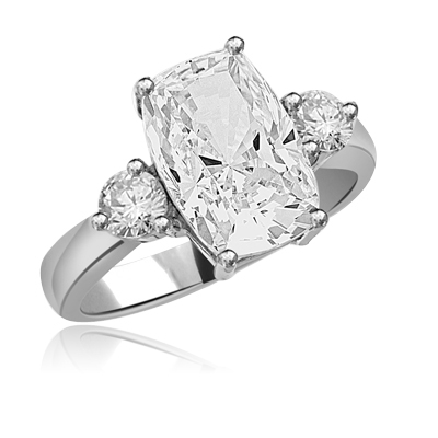 Diamond Essence ring with 12 x 8 Cushion Cut center and 2 brilliant rounds. 5.50 cts.t.w. set in  Platinum Plated Sterling Silver.