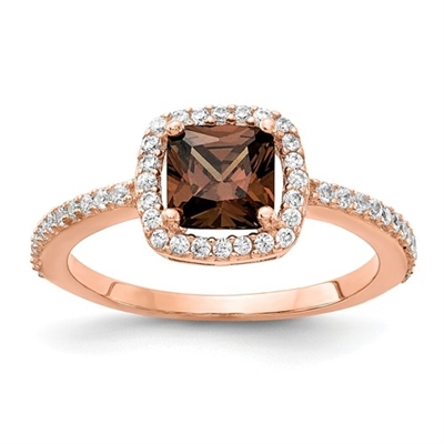Diamond Essence Designer Ring With Chocolate Cushion Center and melee around it and half way on the band. 1.75 Cts.t.w in Rose Plated Sterling Silver.