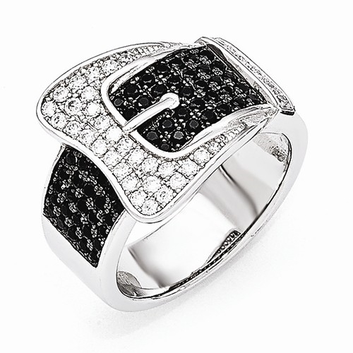 Diamond Essence Designer Buckle Ring with Black and White Diamond Essence melee, 2.0 Cts.t.w. in Platinum Plated Sterling Silver.