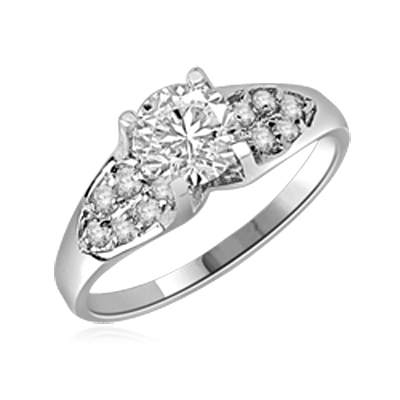 Diamond Essence Designer Ring with 1.0 Ct. Round Brilliant Stone in center accompanied by glittering Melee on sides, 1.50 Cts.T.W. set in Platinum Plated Sterling Silver.