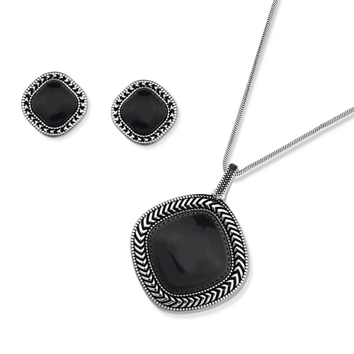 Diamond Essence Black Agate Earring & Pendant in Antique Silver- SSET436BA