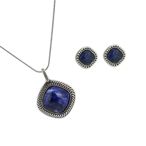 Diamond Essence Sodalite Earring & Pendant in Antique Silver- SSET436S