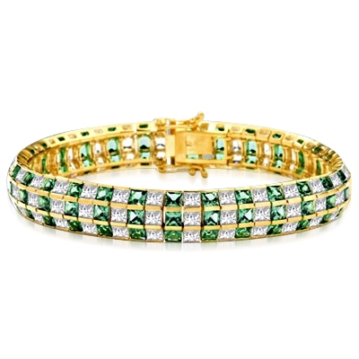 Channel Set Designer Bracelet with Artificial Princess Cut Emerald and Brilliant Diamonds by Diamond Essence set in Vermeil