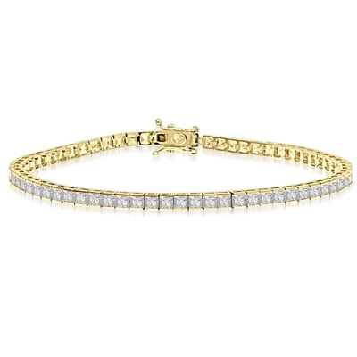 7" long Tennis Bracelet strung with 67 Princess Cut masterpieces in a mesmerizing array, with double safety clasp. 6.5 Cts. T.W. set in 14K Gold Vermeil.